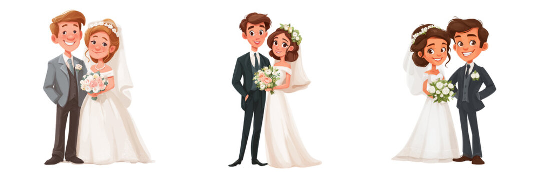 Set of Wedding couple character photograhpy cartoon style transparent png background.Ai generated