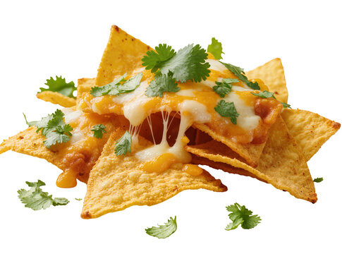 Isolated delicious cheesy nachos with melted cheese and fresh cilantro, savory snack food