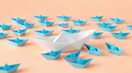 Obraz premium Paper boats scattered across peach surface. White boat stands out, suggesting leadership or uniqueness. Minimalist composition.