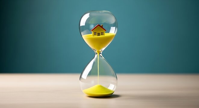 Miniature house inside a sand timer, concept of time running out or real estate market