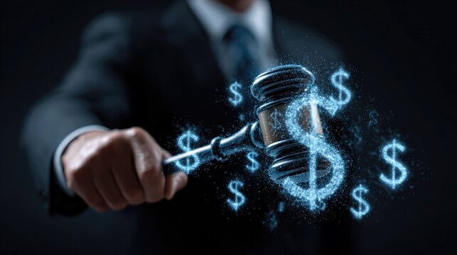 Gavel with glowing dollar signs, legal auction concept, financial law and justice