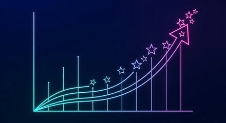 Naklejka premium Neon-lit graph showing upward trend, stars at the peak