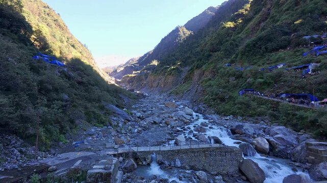 Mandakini River flowing through Himalayan Mountain in Rambada Valley on Kedarnath Trek, Uttarakhand
