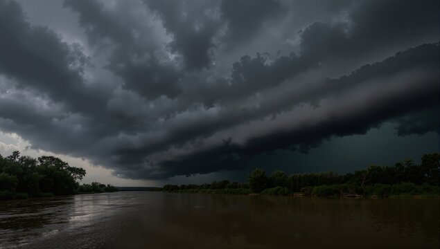Dark stormy clouds float across the sky. Storm mooving over the river. Time lapse of storm clouds moving fast
