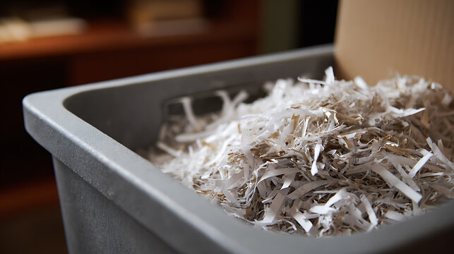 Close-up of shredded paper in a gray bin, representing document security, privacy, and responsible waste disposal in an office environment