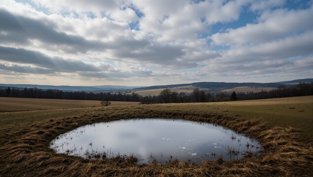 clouds over small frozen pond. Czech highland vysocina european countryside