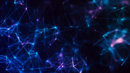 An abstract digital network of glowing nodes and connecting lines. Technological context. Network connection structure. Intertwined effect. 3D render.