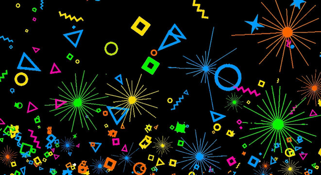 Dynamic abstract pattern of colorful geometric shapes and stylized fireworks exploding on a solid black background, creating a vibrant and energetic celebration design.