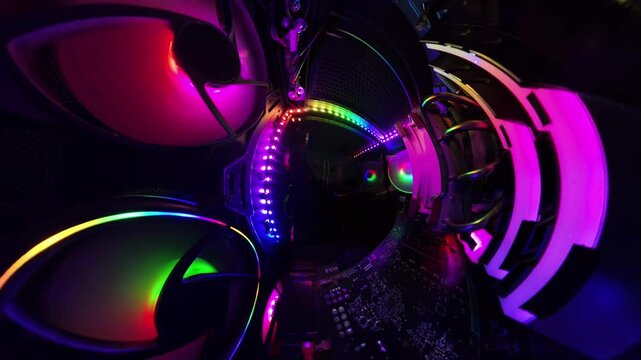 A rotating panoramic view from inside a gaming PC, showcasing vibrant RGB lighting, cooling fans, and hardware components as a man wipes the glass panel with a cloth. The dynamic shot highlights the i