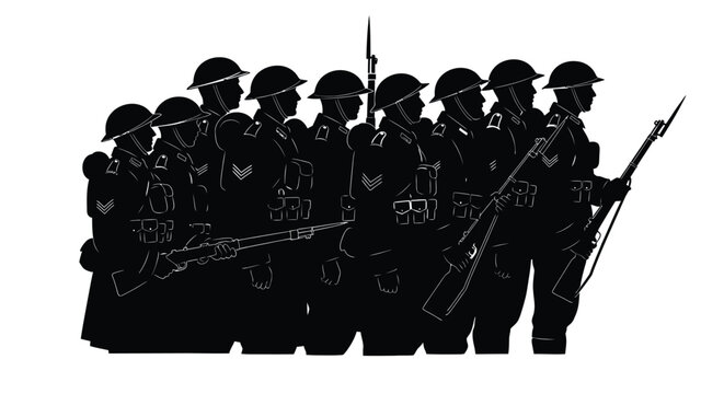 Silhouette of a line of soldiers possibly from world war one or two