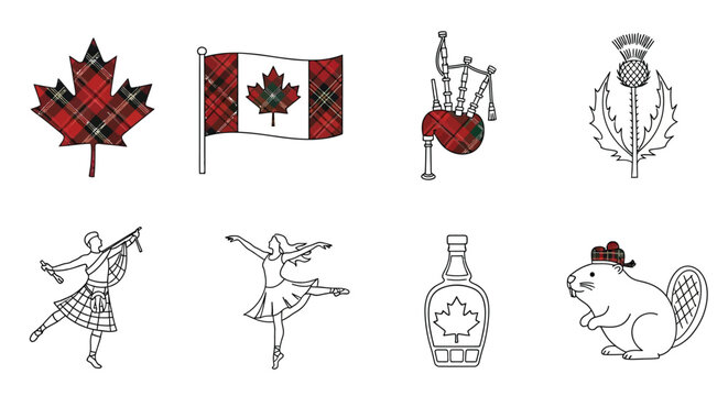 Illustrations of canadian and scottish cultural symbols including flags music and wildlife