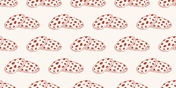 Seamless pattern with chocolate chip oatmeal cookies in red line art style. Vector background for bakery, cafe menu and dessert design. Minimalist hand drawn pastry wallpaper isolated on beige