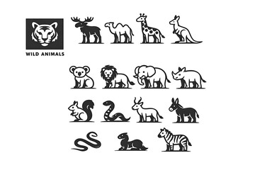 Fototapeta premium Cute vector animal icon set featuring cats, dogs, lions, bears, elephants and other animals in a simple black silhouette style collection