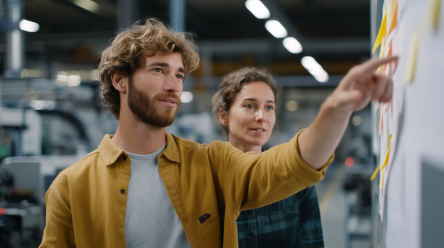 Team members place kanban cards on workflow board during production planning huddle, visual scheduling system with color-coded priorities, manufacturing context with machinery backdrop, perfect for 