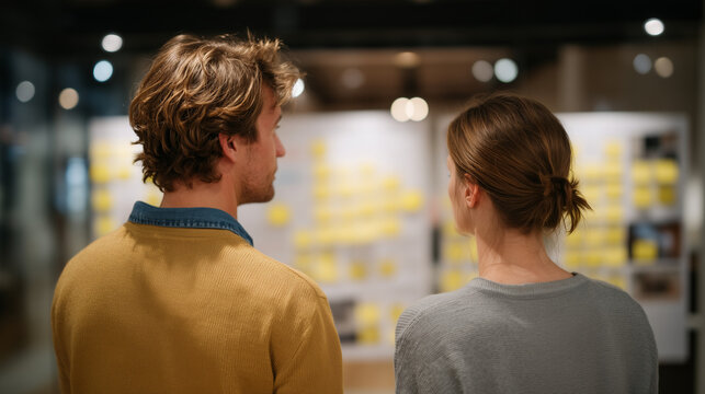 Startup team maps customer journey on enormous wall covered with user research photos and notes in converted church office space with vaulted ceilings, ideal for product strategy, user experience, a