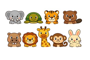 Fototapeta premium Cute vector animal icon set featuring cats, dogs, lions, bears, elephants and other animals in a simple black silhouette style collection