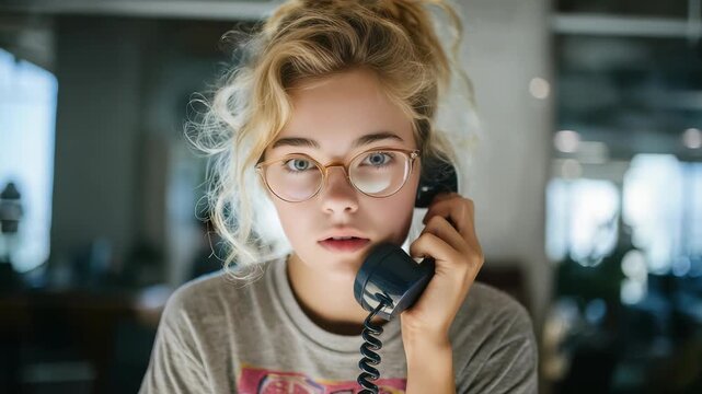 A casually dressed young woman with tousled hair and round glasses holds a phone to her ear, looking slightly fatigued. The contemporary office background suggests a busy workday