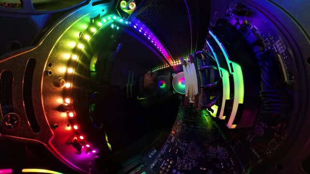 A close-up view from inside a gaming PC, showing vibrant RGB lighting and hardware components as a man wipes the glass panel with a cloth. The illuminated components and colorful lights create a high-