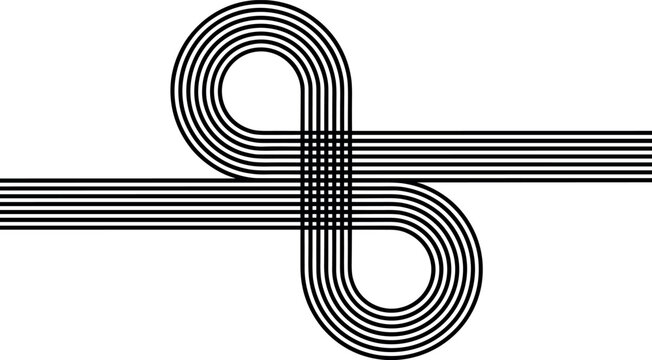 Black and white geometric infinity symbol with concentric loops and parallel lines