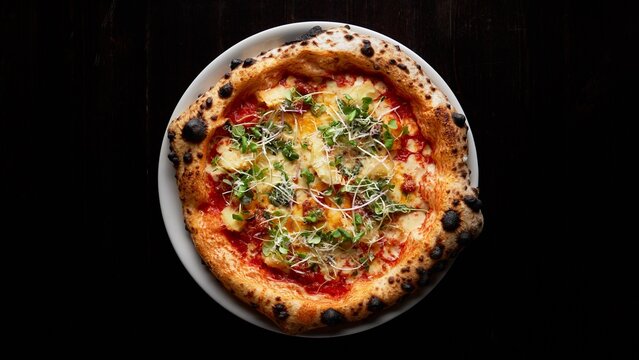 Neapolitan Pizza With Potato Cheese And Pesto On Dark Background With Copy Space