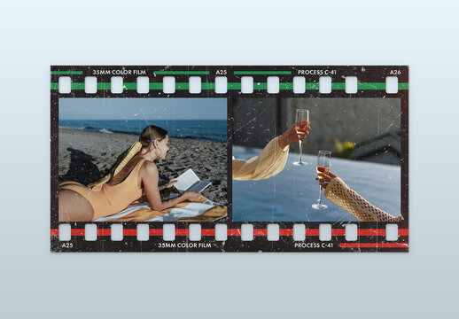 Vintage Film Strip Frame Overlay Template, Retro 35mm Polaroid Photo Border Mockup