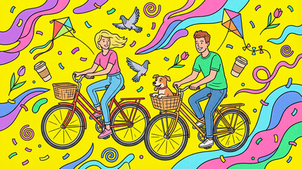 Fototapeta premium Couple riding bicycles summer outdoor picnic baskets pop art bright cartoon illustration concept of active lifestyle fun travel romance