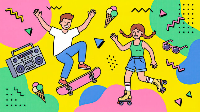 Energetic teens jumping dancing pop art colorful cartoon illustration bright summer fun party celebration youth