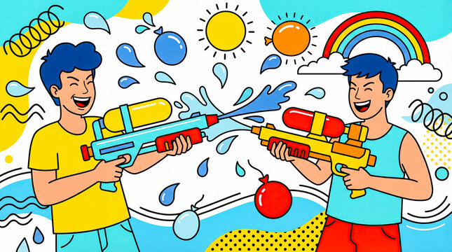 Friends water pistol fight summer outdoor fun pop art cartoon bright illustration concept of playful water game joy youth
