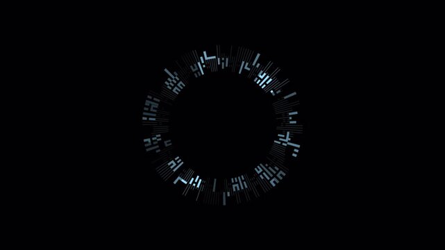 Futuristic HUD Data Circle Animation with Rotating Digital Indicators on Dark Background, Sci Fi Interface Ring, Tech Overlay Loop for Video VFX Motion Graphics