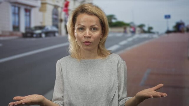 Woman on busy city street spreading open hands on brick sidewalk amid parked cars while wearing grey top; uncertainty.