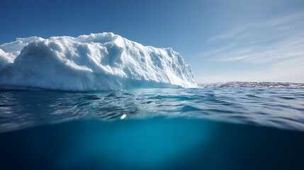 Fototapeta premium Stunning Split View of a Massive Iceberg Above and Below Deep Blue Ocean Water Under a Clear Sunny Sky, Showcase Nature & Arctic Beauty