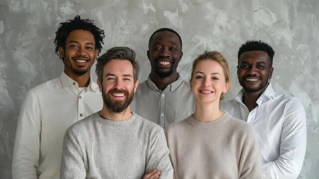 Happy multicultural colleagues standing close, expressing teamwork and inclusivity in a contemporary office setting. Perfect for business, HR, and corporate diversity concepts