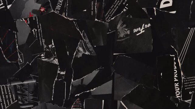 Dark abstract collage with torn paper textures and layered fragments. Ideal for edgy backgrounds, fashion visuals, and modern editorial designs.