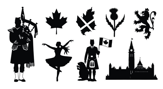 Scottish and canadian symbols including bagpipes dancers and national landmarks