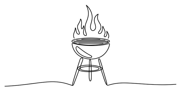 Continuous line drawing of a barbecue grill with burning flames on a white background.