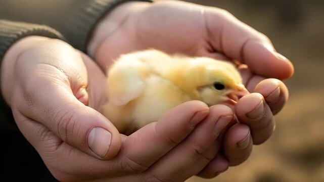 Adorable tiny yellow chick gently cradled in caring human hands outdoors, symbolizing new life and tenderness.