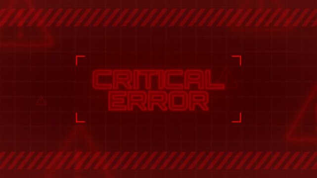 Critical error animation with glowing red text, warning brackets, caution stripes, and alert icons. Modern system failure symbol for error screens, cybersecurity alerts, and emergency notifications.