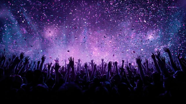 People with raised hands enjoying concert illuminated by vibrant colorful lights and confetti
