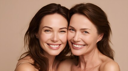 Beauty portrait of a senior and young woman with healthy skin. Natural aging skincare concept featuring a smiling mother and daughter for wellness and cosmetic branding.