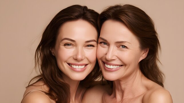 Beauty portrait of a senior and young woman with healthy skin. Natural aging skincare concept featuring a smiling mother and daughter for wellness and cosmetic branding.