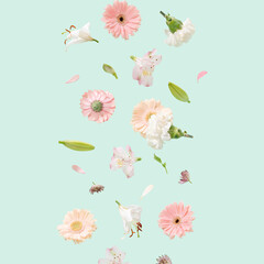 Fototapeta premium Spring flowers flying on a green background. Beautiful nature concept.