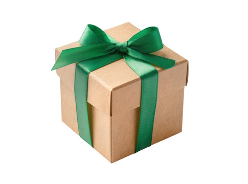 Isolated elegant brown kraft paper gift box with a vibrant green satin ribbon and bow.
