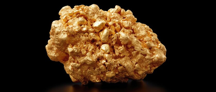 Shiny gold nugget on black background showing raw mineral rock and nature's treasures from gold mining activities