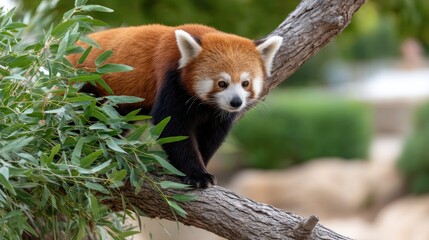 Fototapeta premium Red panda resting on tree branch in natural setting with soft light and clear focus capturing the beauty of wildlife in a peaceful moment