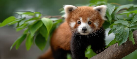Obraz premium Red panda resting on a tree branch in natural habitat surrounded by green leaves under soft light