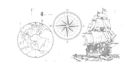 A vintage style illustration featuring a nautical globe a compass rose and a sailing ship vessel Vector, illustration © md