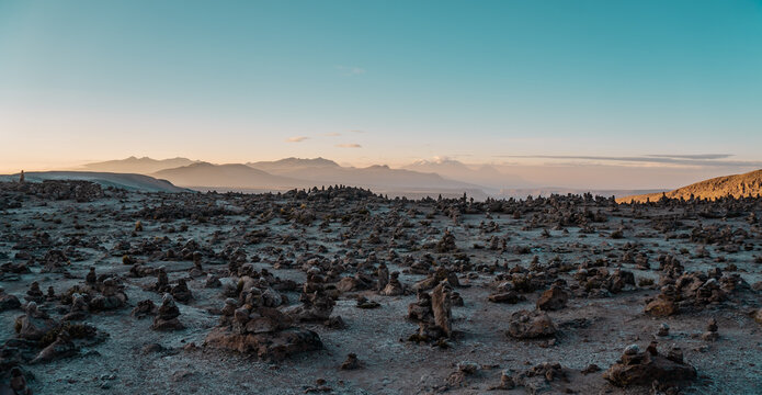 Gorgeous sunrise panorama of the Peruvian Andes near Arequipa with volcanoes in the background