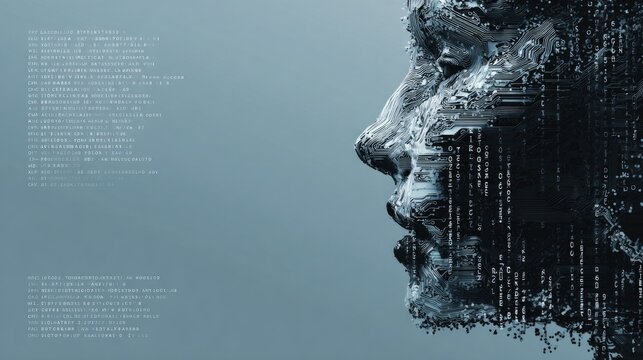 Futuristic female profile with circuitry design and digital text elements