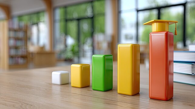 Colorful bar graph on a table with a graduation cap in a library setting representing education success and achievements