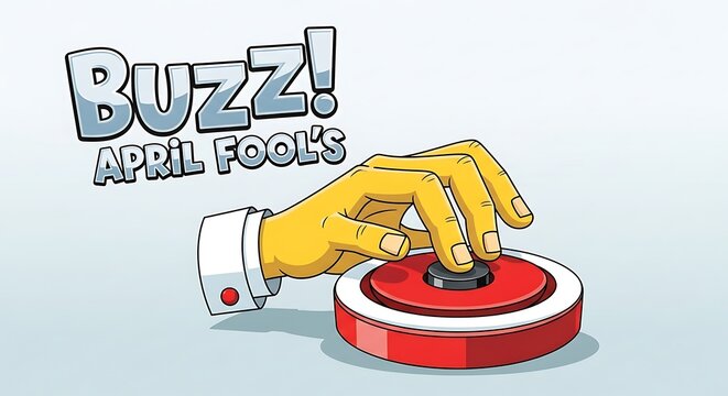 "Buzz! April Fool's" is the headline of a cartoon hand-holding hoax buzzer